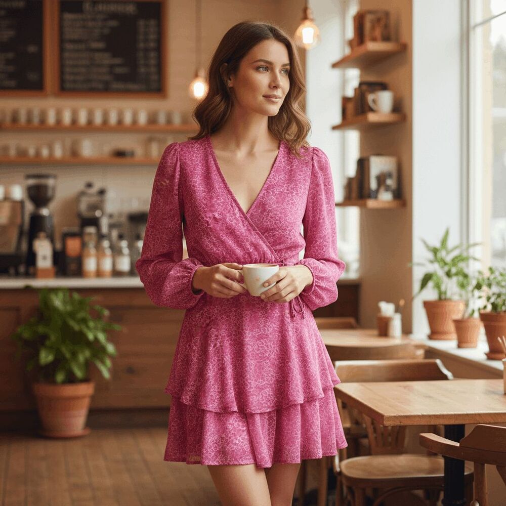 Japna‎ Fuchsia Floral Long Sleeves Hot Pink Mini Dress Tiered Ruffle Size Small